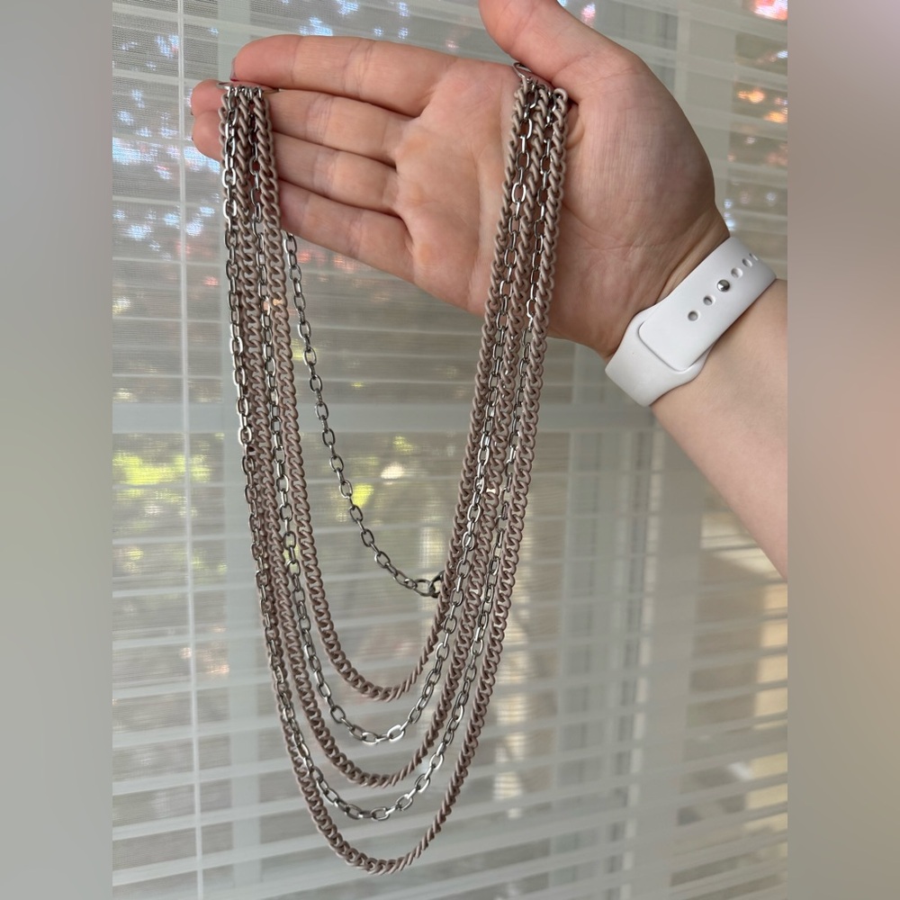 Layered Chain Statement Necklace Neutral Taupe Silver Multi Strand